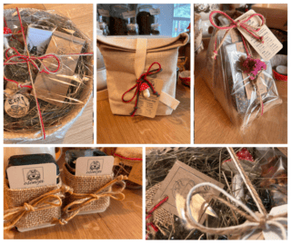 Na obrazie znajduje się kolaż, składający z kilku zdjęć, prezentujących warianty prezentów, które można skomponować z produktów dostępnych w Esencji.