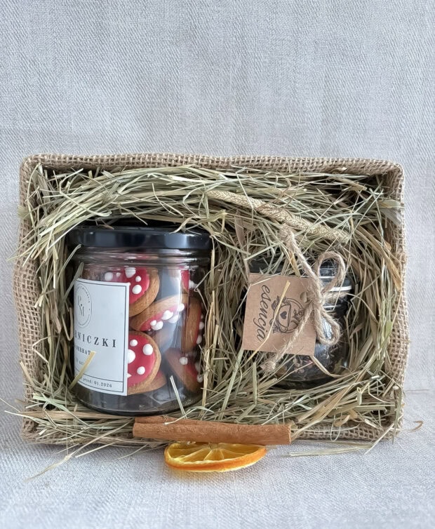 bliżenie na zestaw Muchomorkowa Bajka – pierniczki w słoiku i herbata piernikowa.